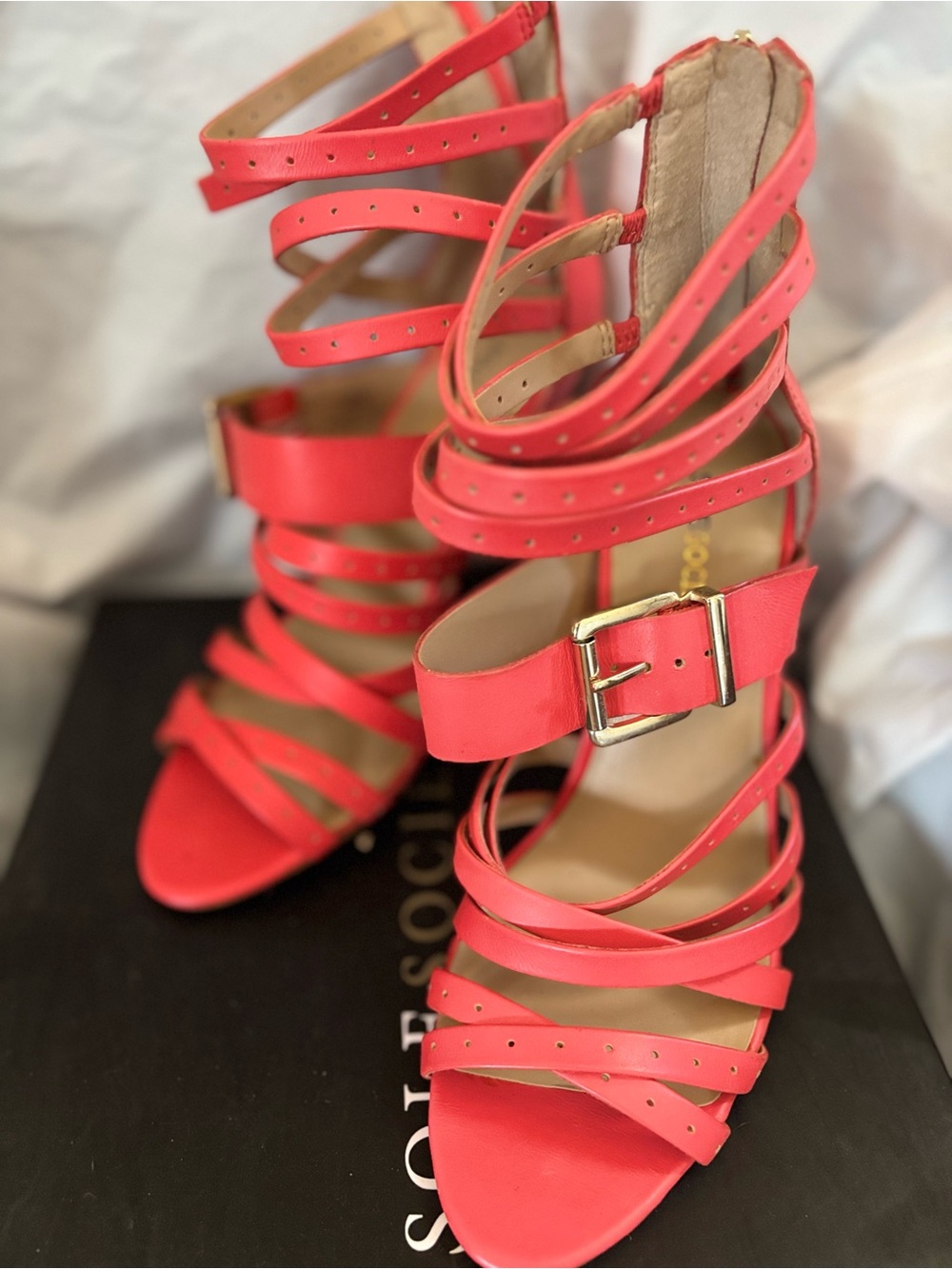 Sole Society Coral Strappy Gladiator Heels with Gold Buckle